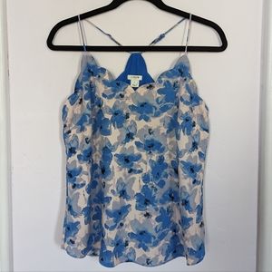 J. Crew Blue & White Floral Spaghetti Strap Racerback Scalloped Tank